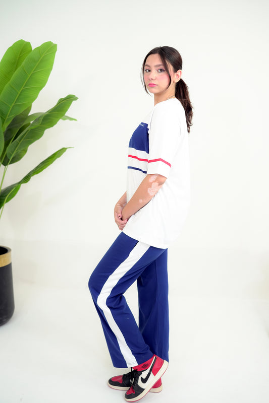 Trakkiez Panel Tee Blue and white Co-ord Set - Straight Trouser