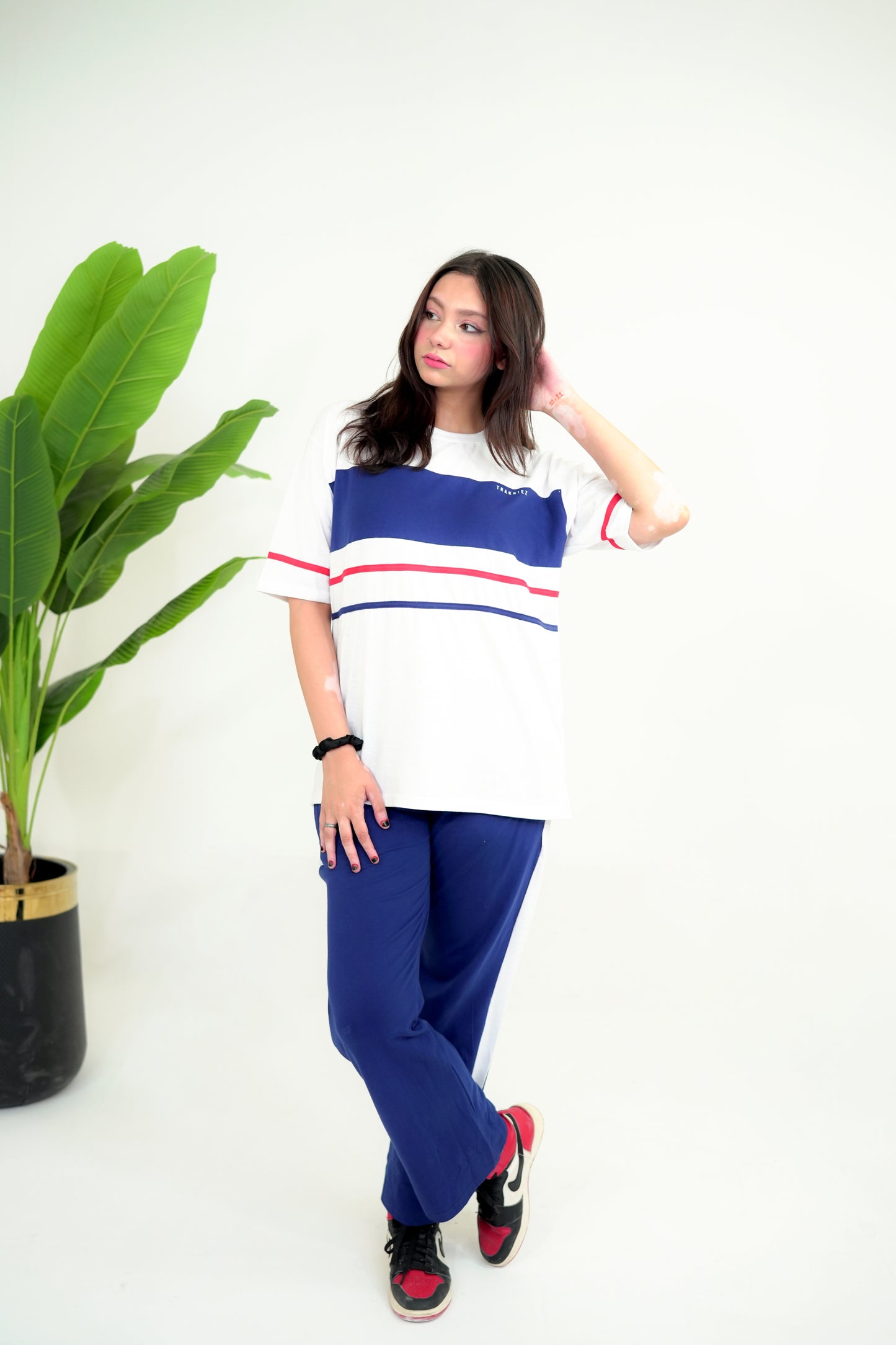Trakkiez Panel Tee Blue and white Co-ord Set - Straight Trouser