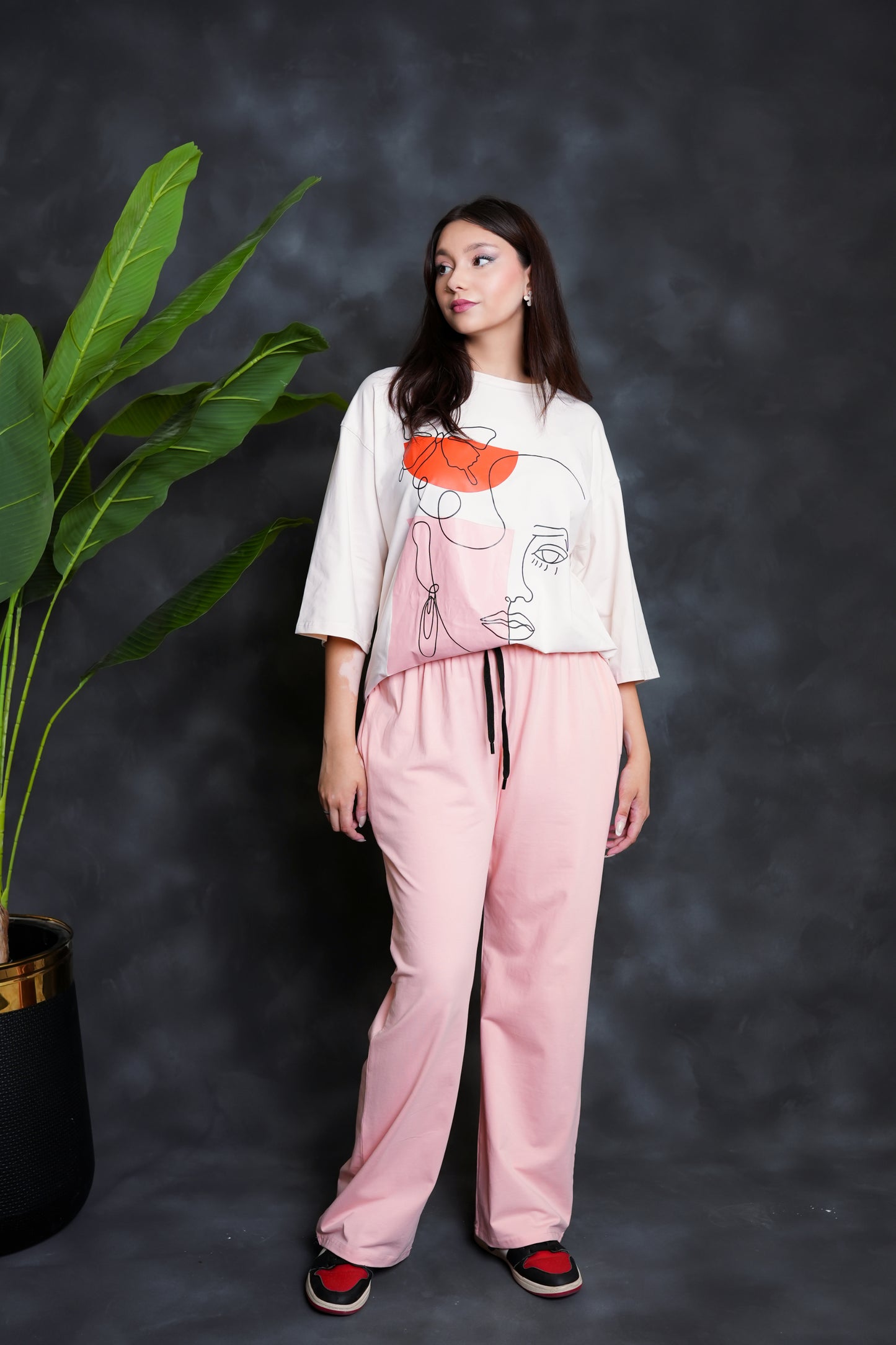 Trakkiez Printed Drop shoulder tee - with pink trouser