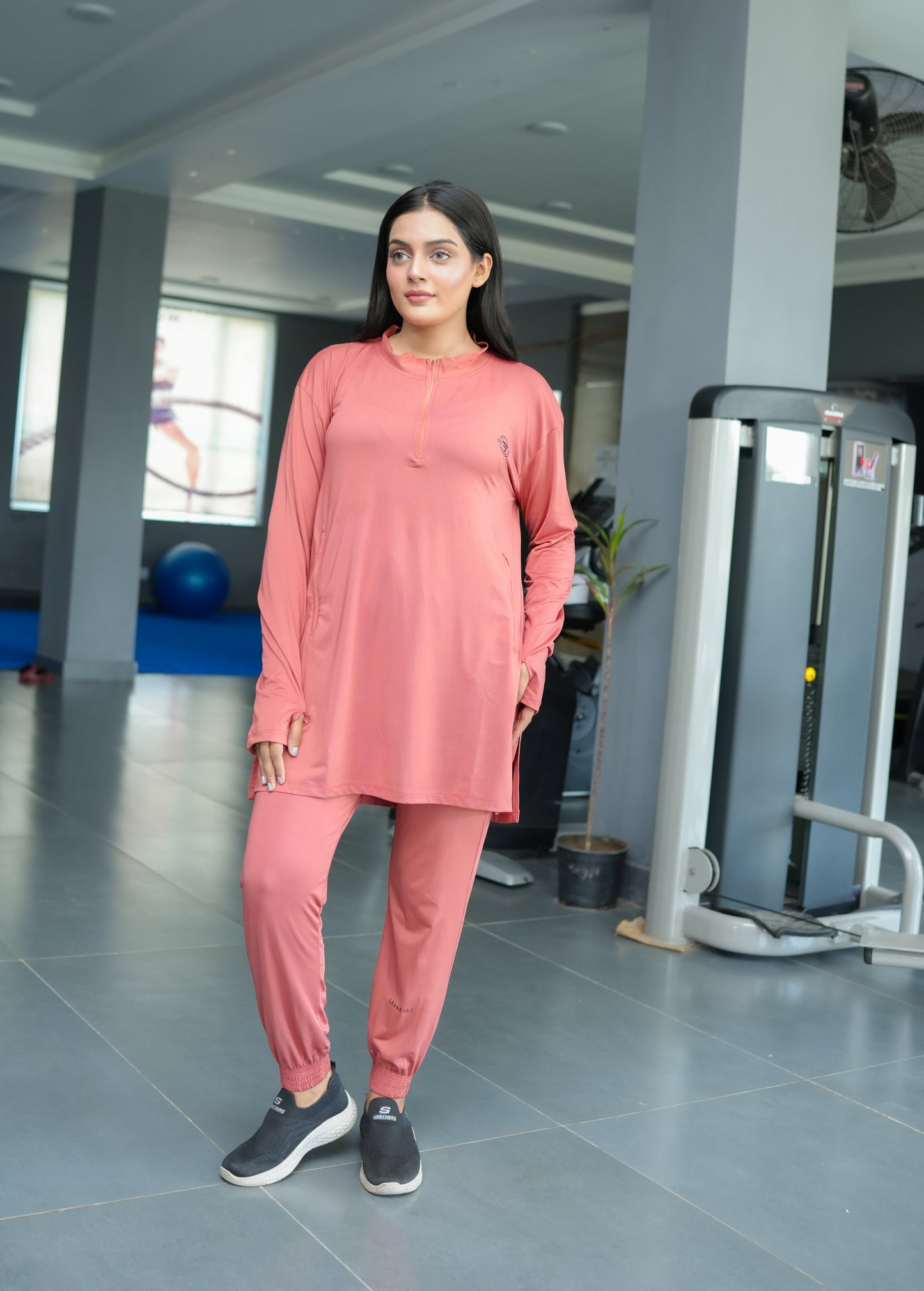 Modest brown straight top with brown trouser