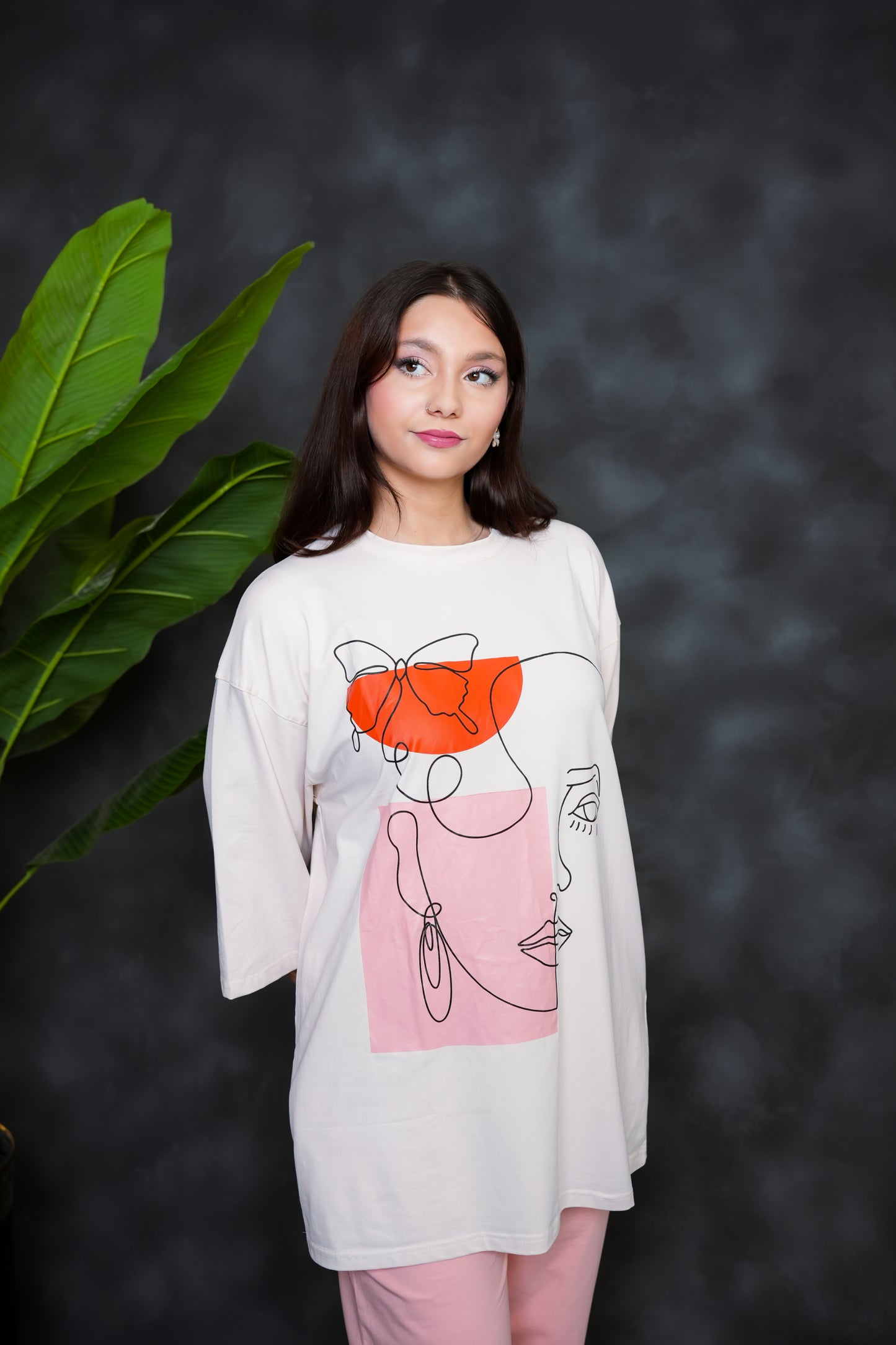 Trakkiez Printed Drop shoulder tee - with pink trouser