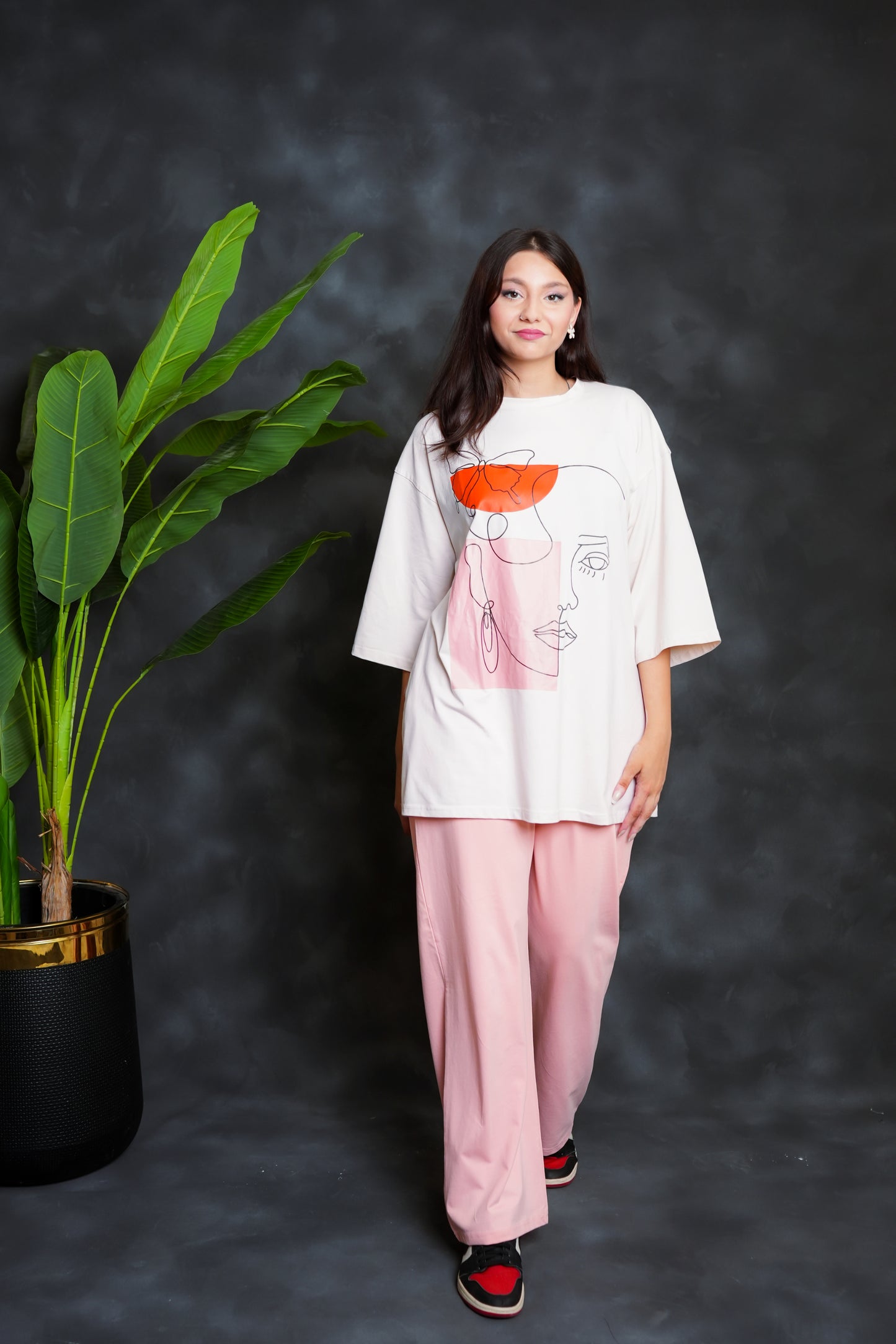 Trakkiez Printed Drop shoulder tee - with pink trouser