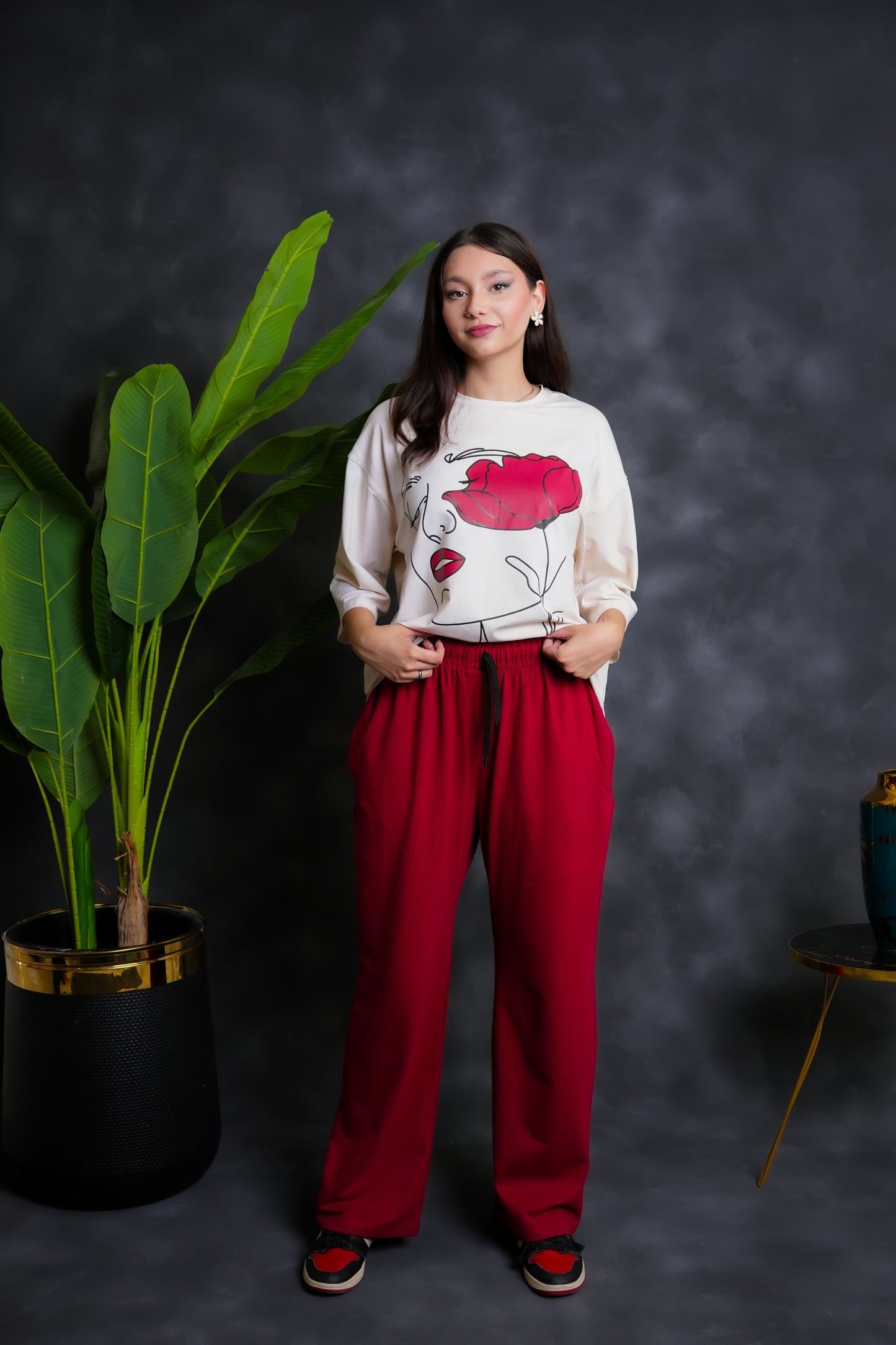 Trakkiez Printed Drop shoulder tee - with mehroon trouser