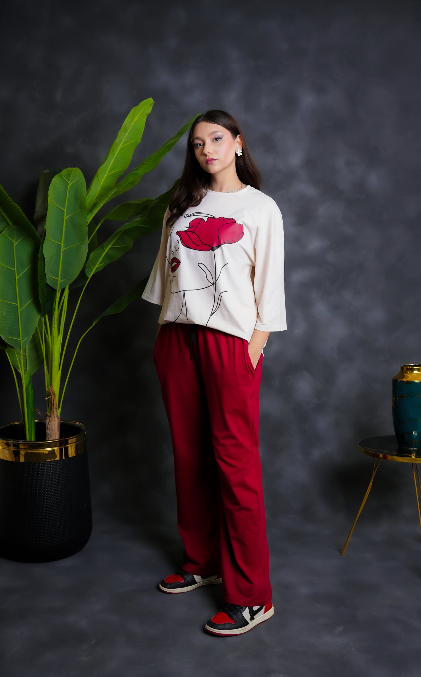 Trakkiez Printed Drop shoulder tee - with mehroon trouser