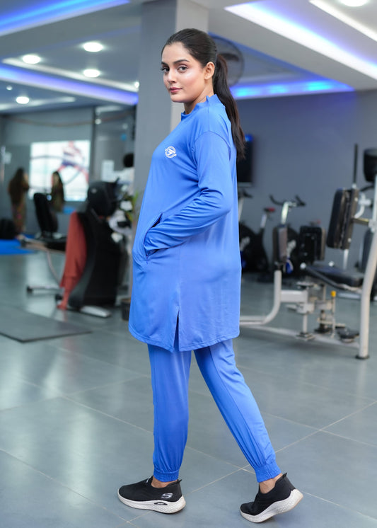 Modest navy blue straight top with navy blue trouser