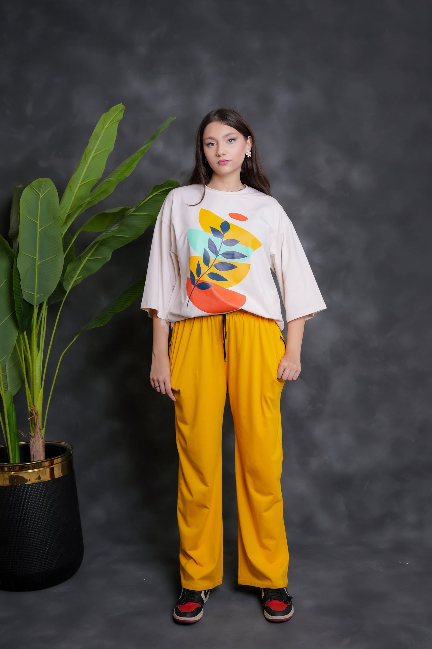 Trakkiez Printed Drop shoulder tee - with yellow trouser
