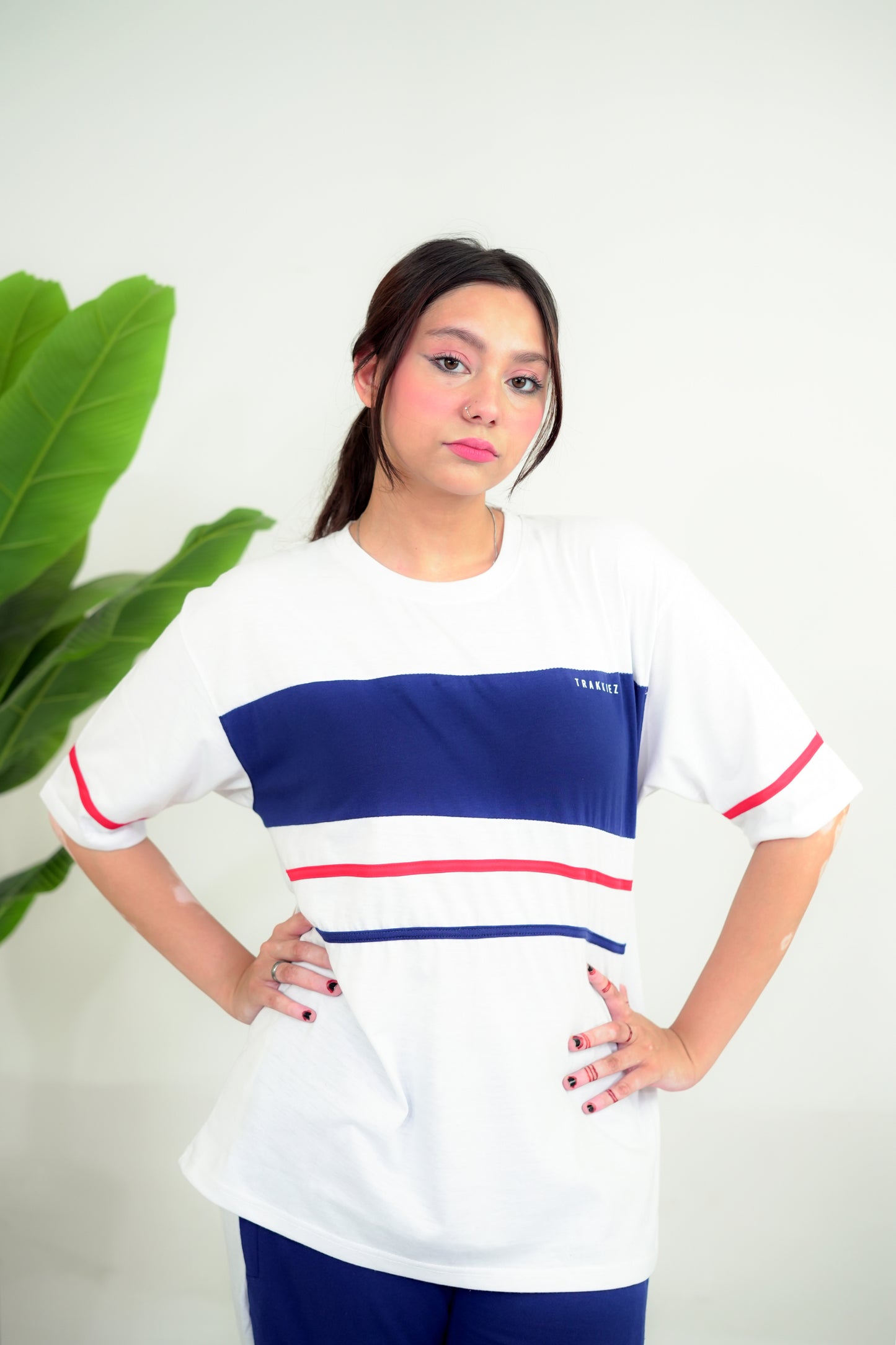 Trakkiez Panel Tee Blue and white Co-ord Set - Straight Trouser