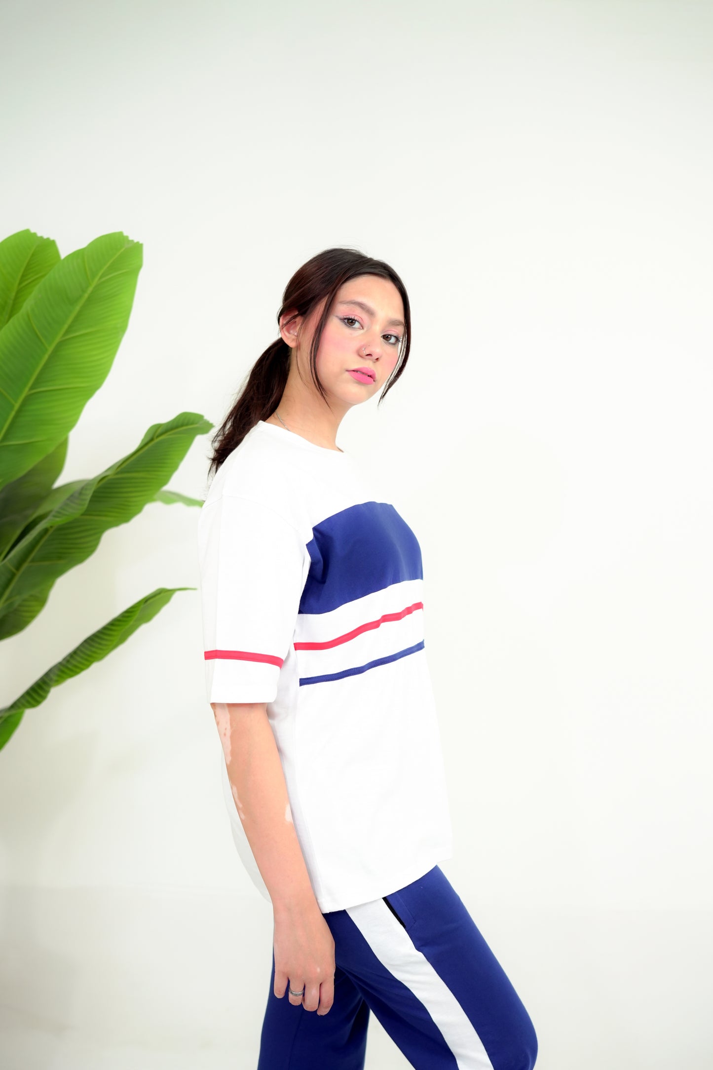 Trakkiez Panel Tee Blue and white Co-ord Set - Straight Trouser