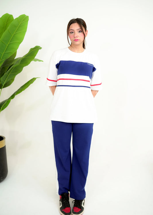 Trakkiez Panel Tee Blue and white Co-ord Set - Straight Trouser