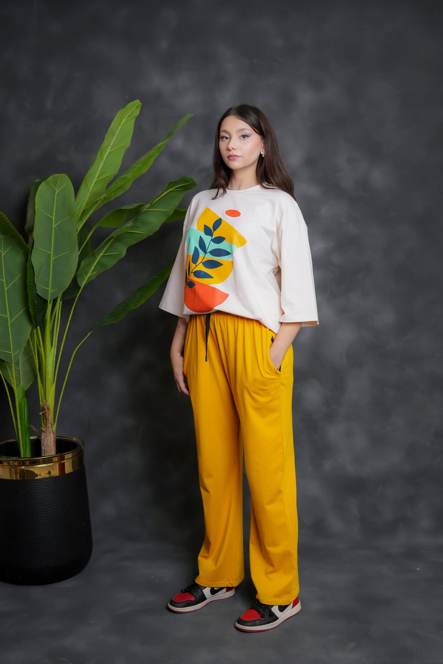 Trakkiez Printed Drop shoulder tee - with yellow trouser