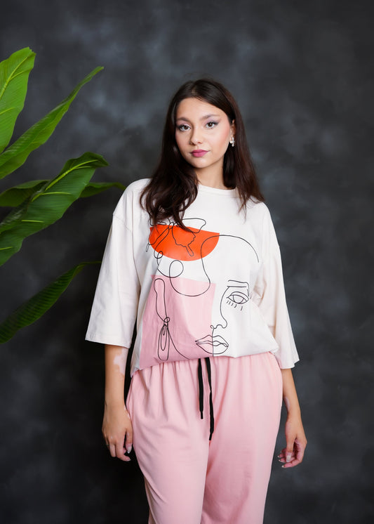 Trakkiez Printed Drop shoulder tee - with pink trouser