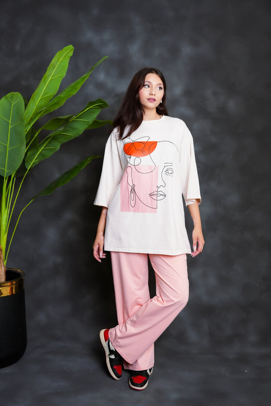 Trakkiez Printed Drop shoulder tee - with pink trouser