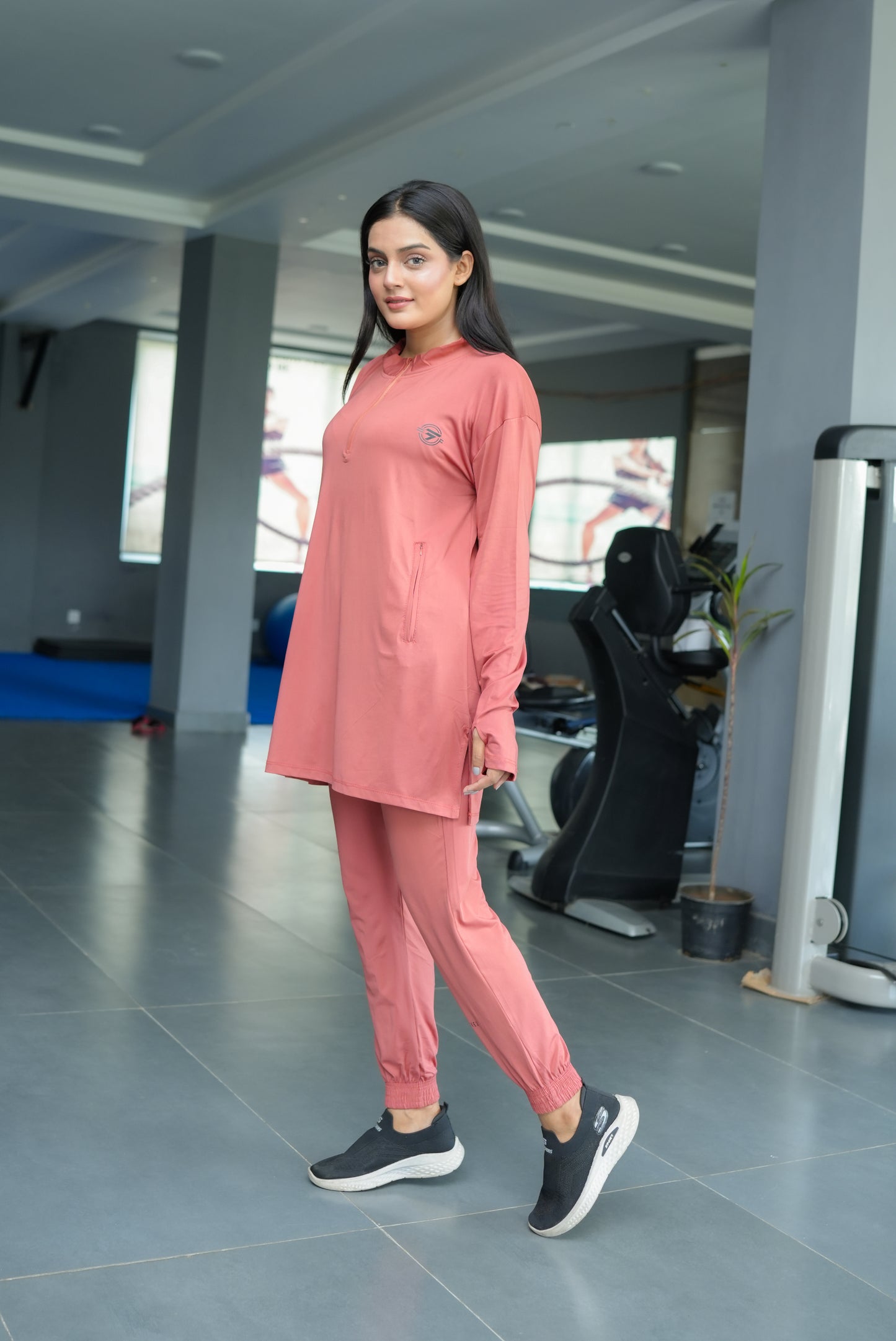 Modest brown straight top with brown trouser