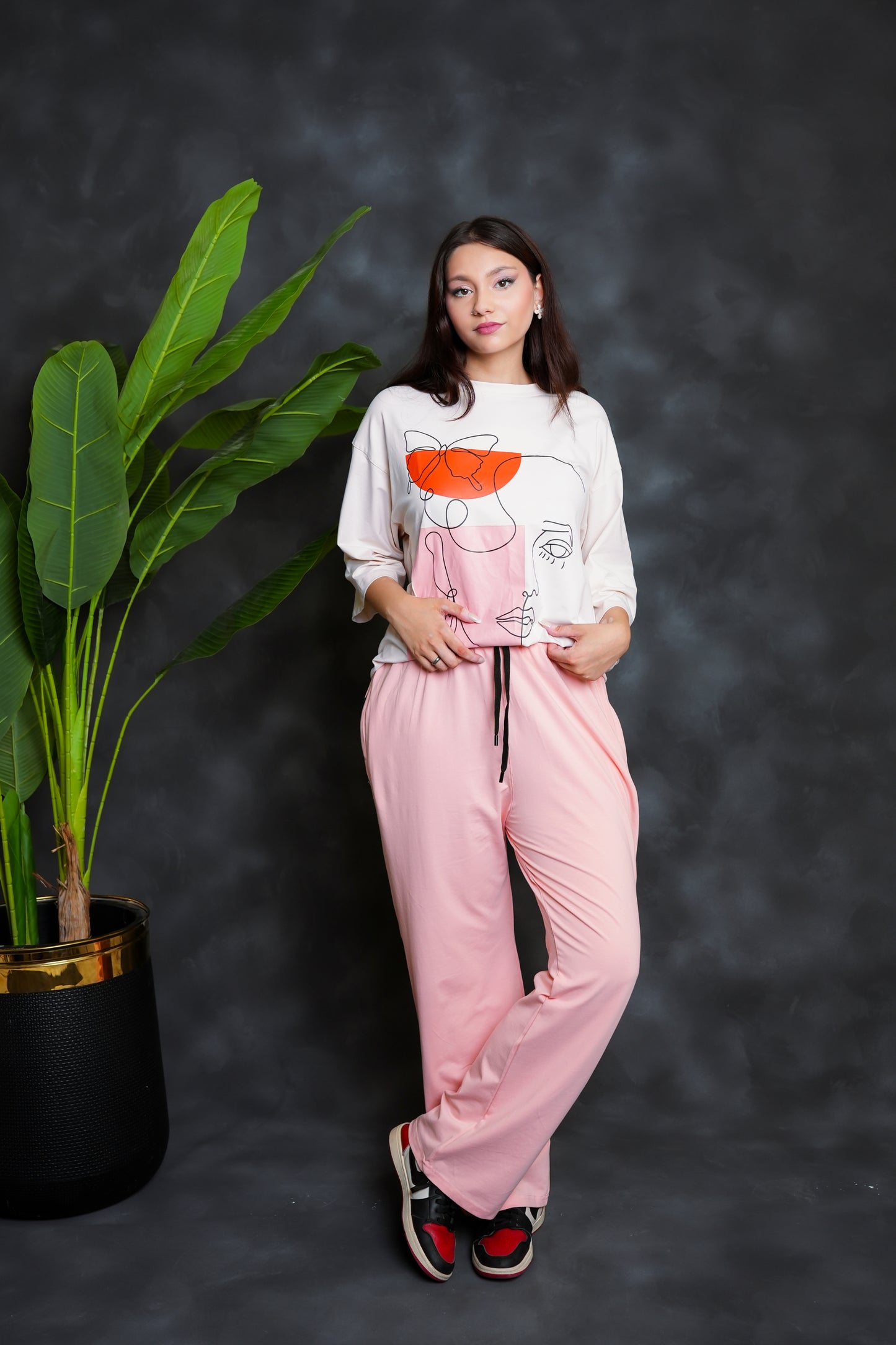 Trakkiez Printed Drop shoulder tee - with pink trouser