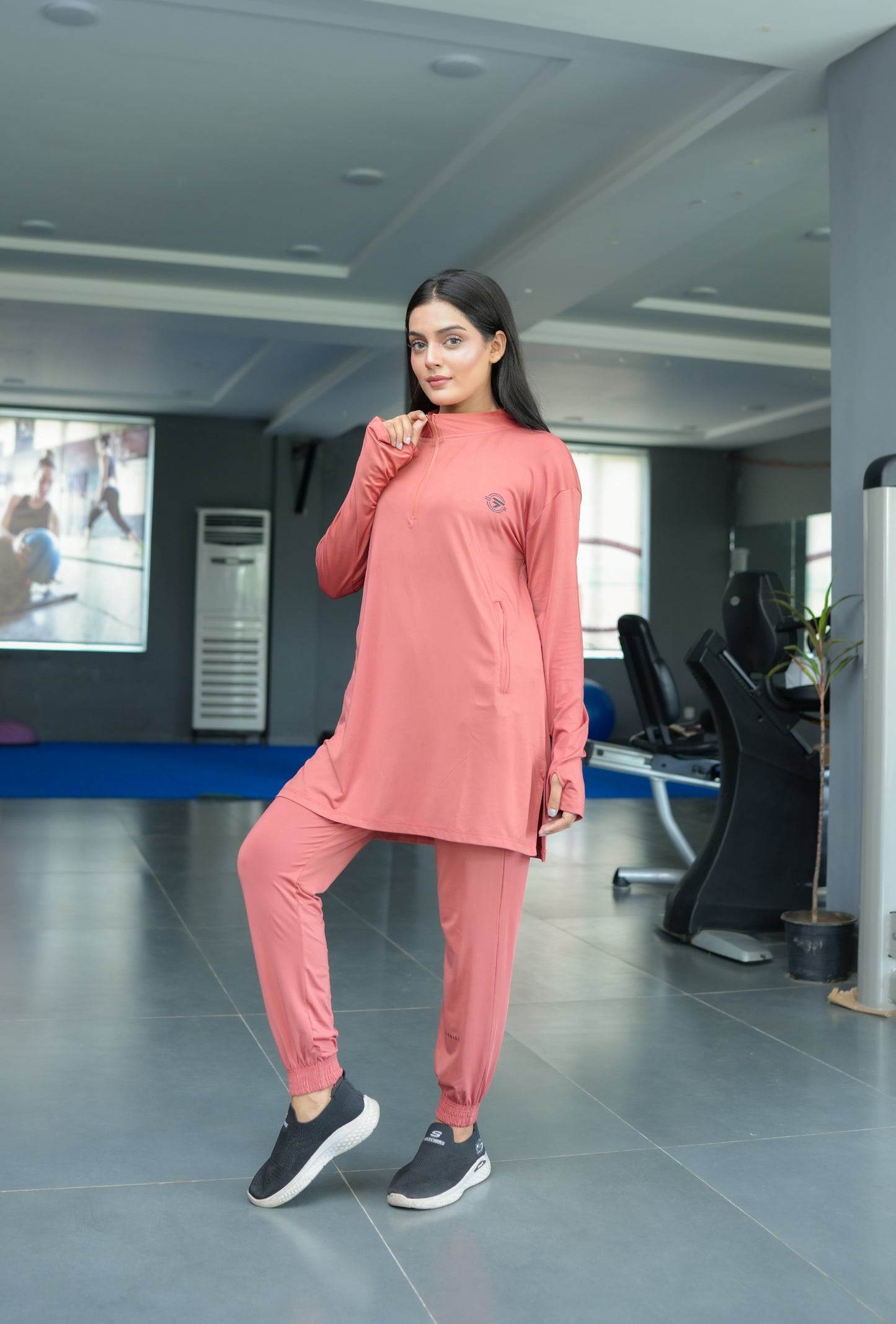 Modest brown straight top with brown trouser