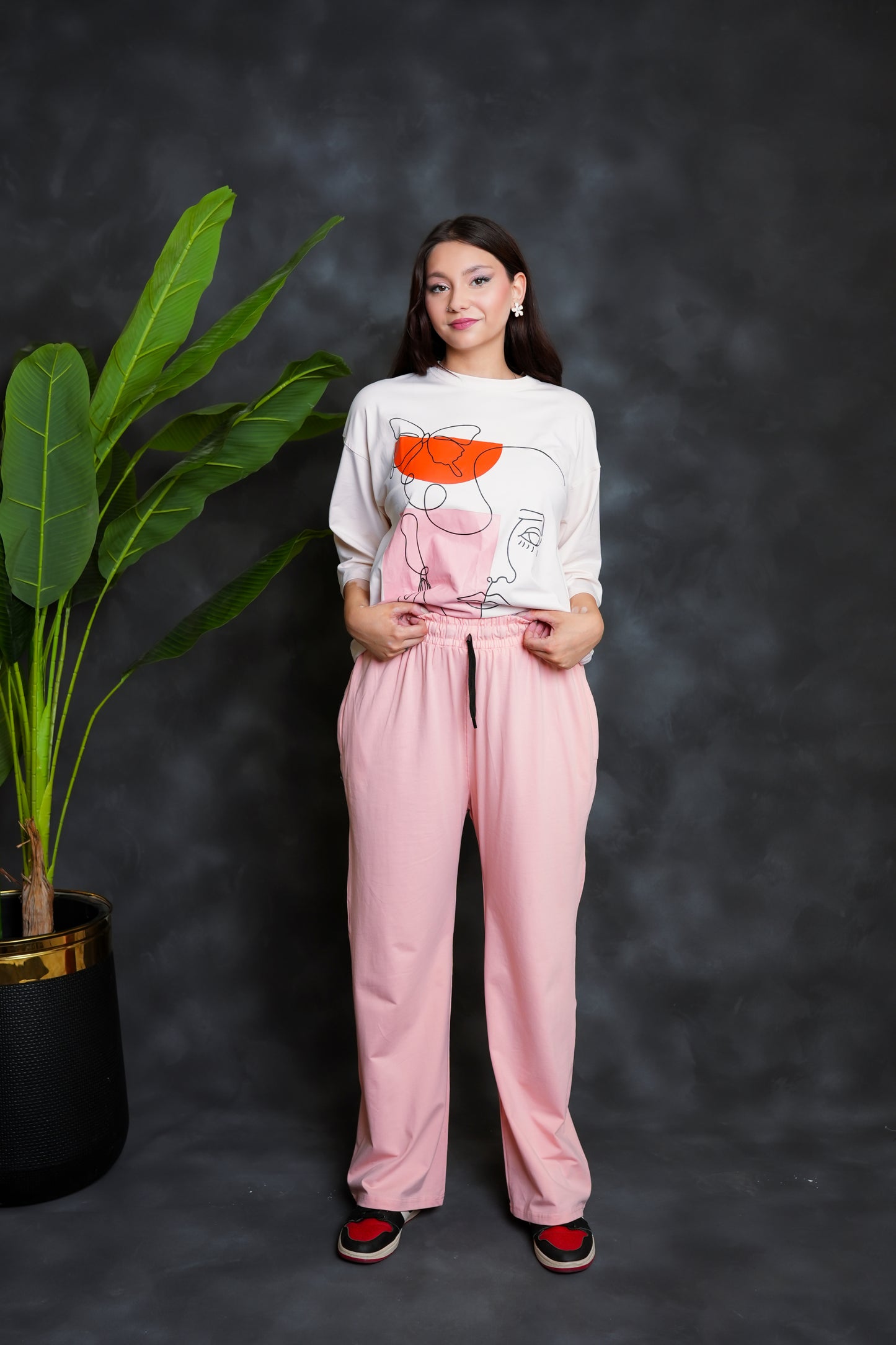 Trakkiez Printed Drop shoulder tee - with pink trouser