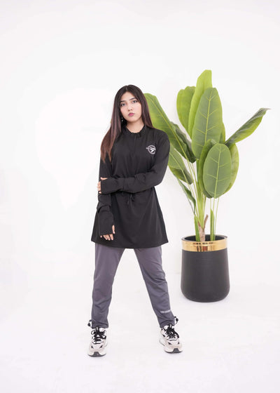 Modest Black Top with Grey Trouser