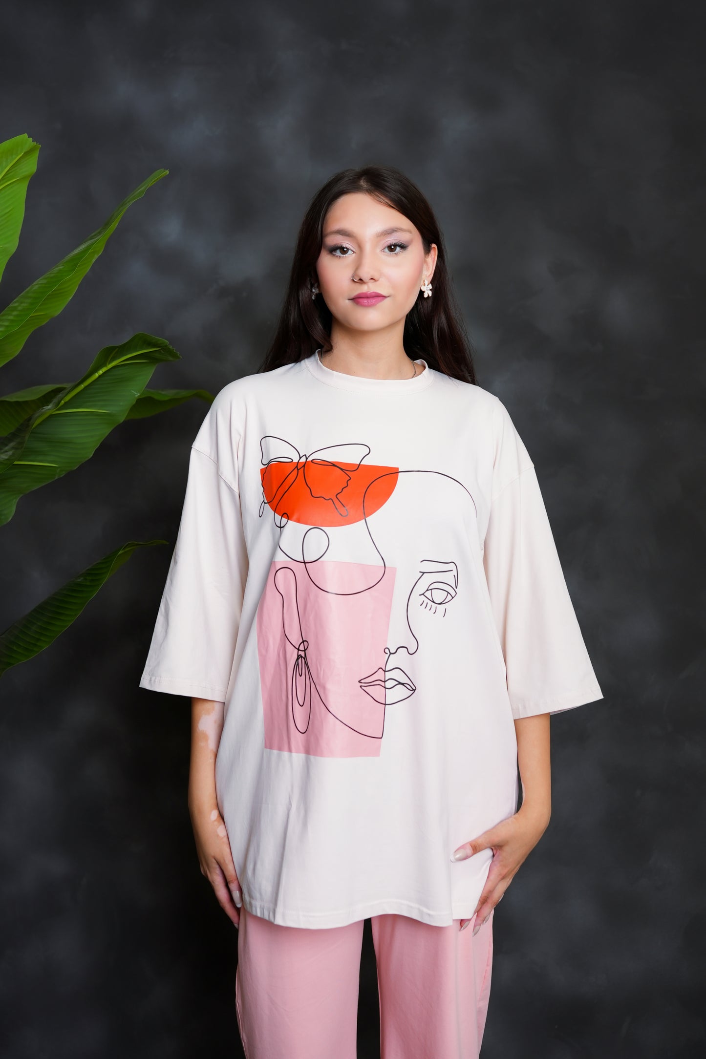 Trakkiez Printed Drop shoulder tee - with pink trouser