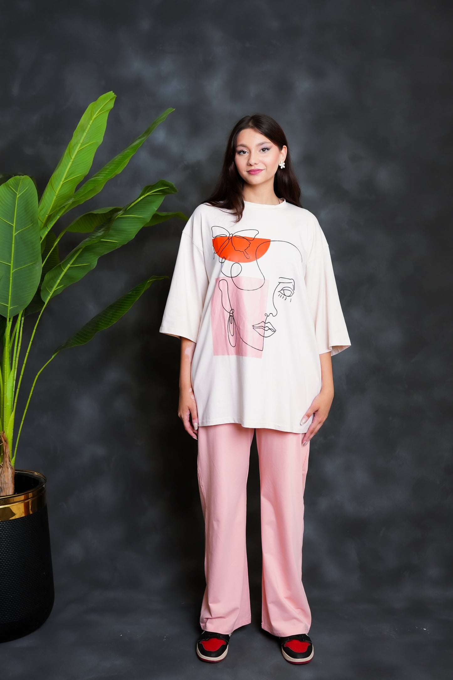 Trakkiez Printed Drop shoulder tee - with pink trouser