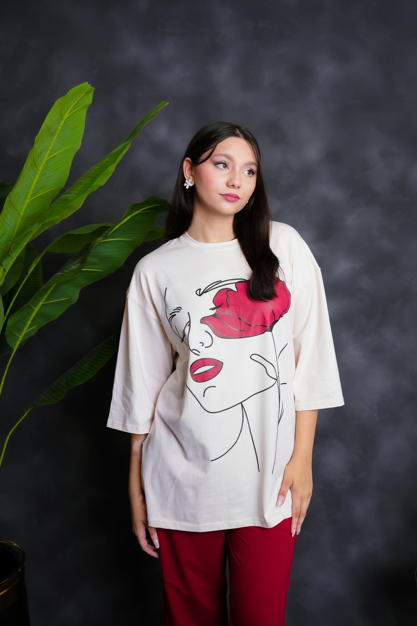 Trakkiez Printed Drop shoulder tee - with mehroon trouser