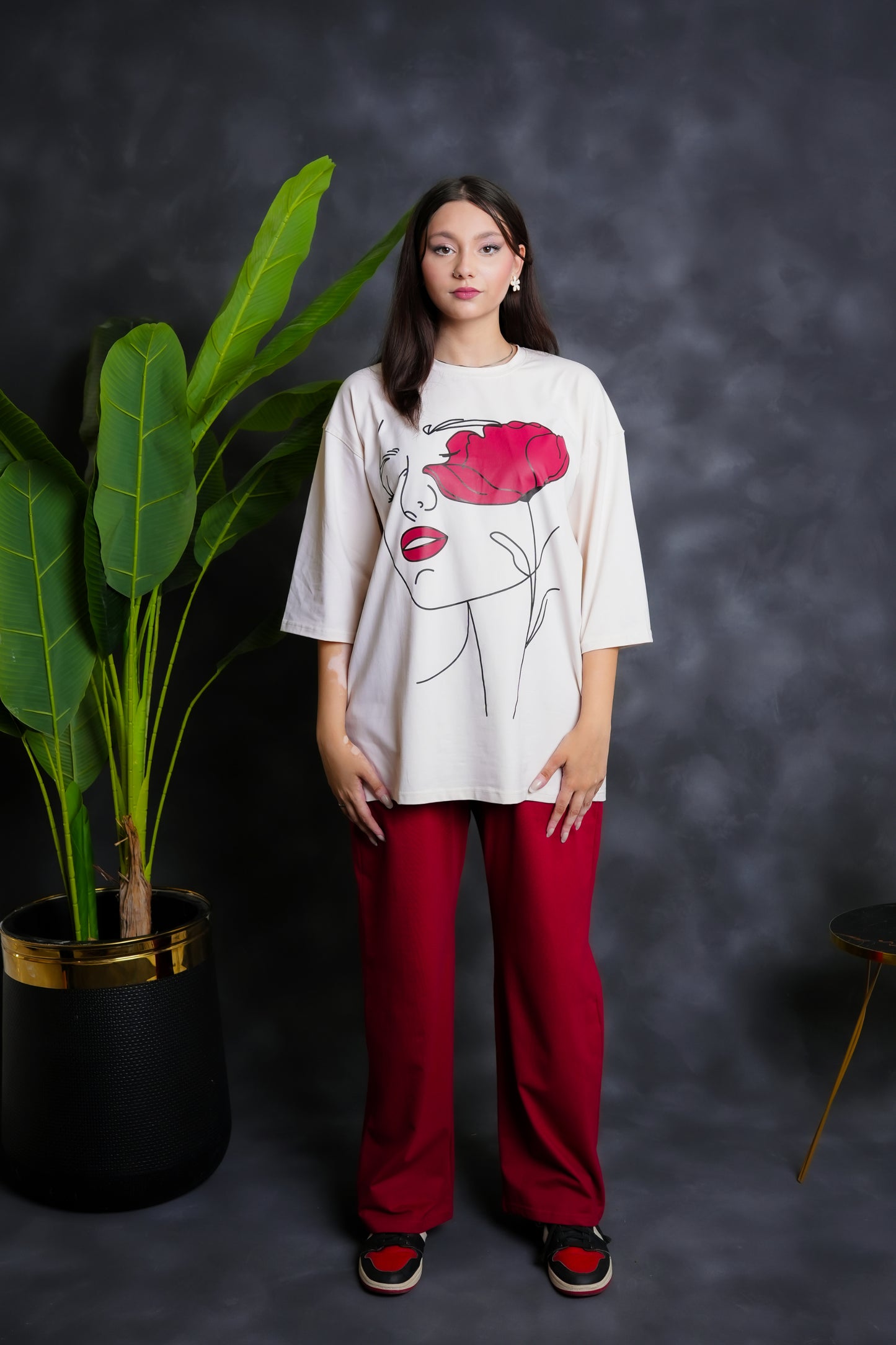 Trakkiez Printed Drop shoulder tee - with mehroon trouser