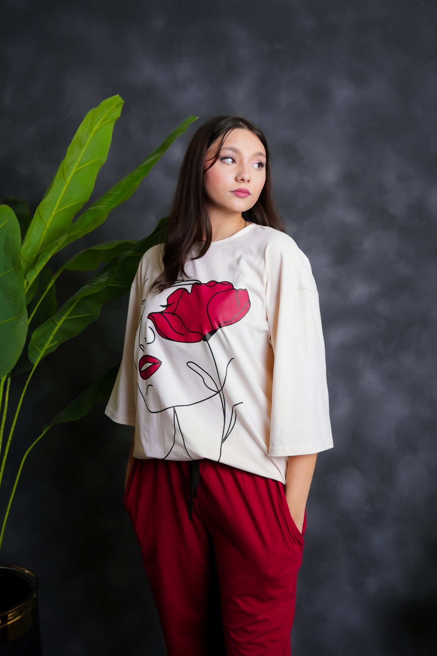 Trakkiez Printed Drop shoulder tee - with mehroon trouser