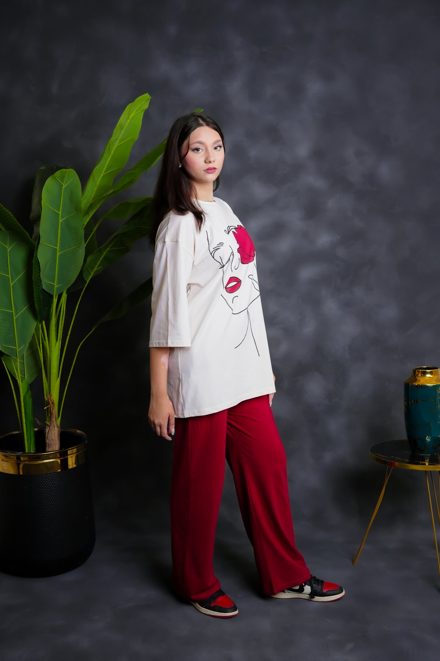 Trakkiez Printed Drop shoulder tee - with mehroon trouser