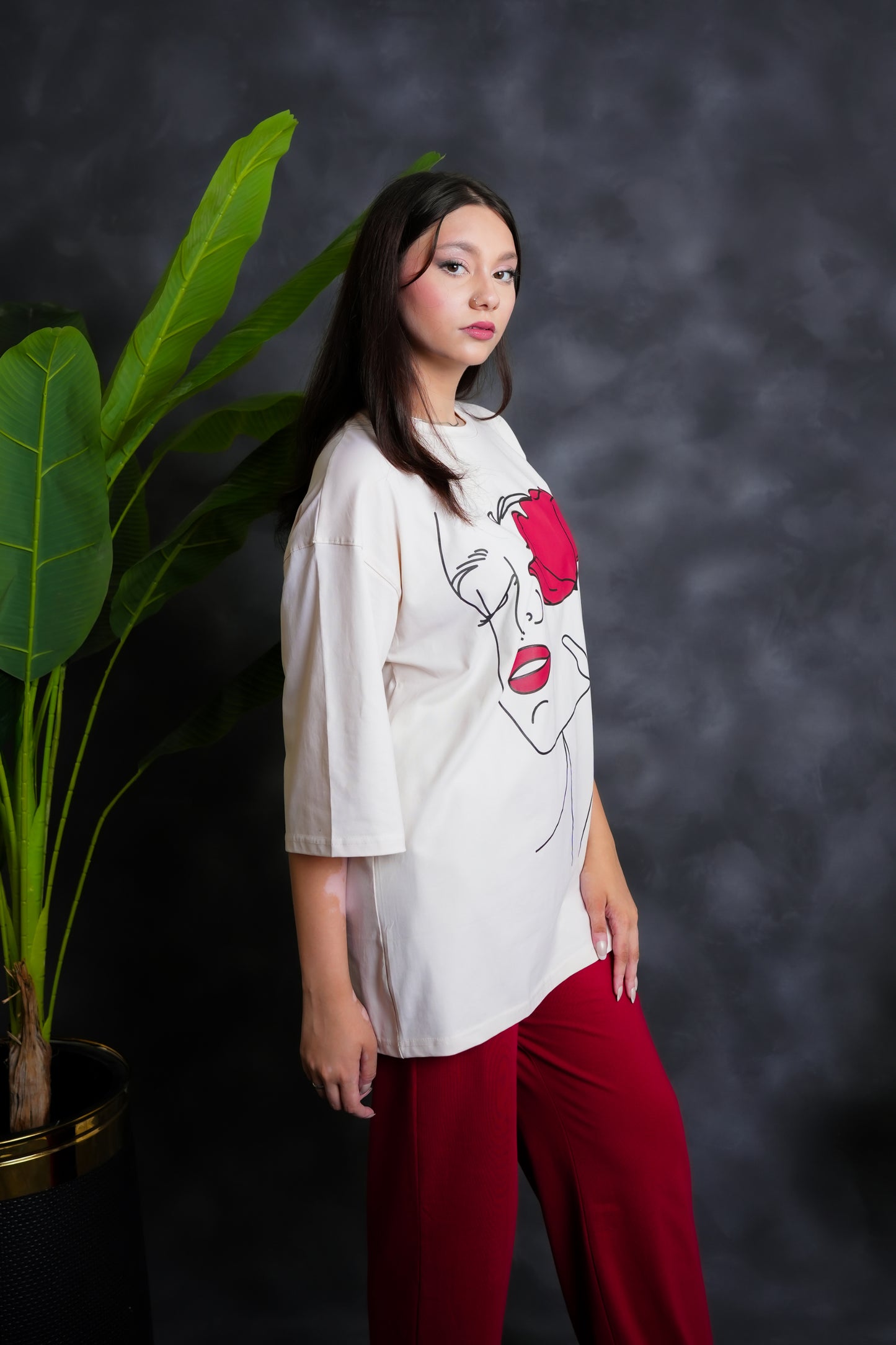 Trakkiez Printed Drop shoulder tee - with mehroon trouser