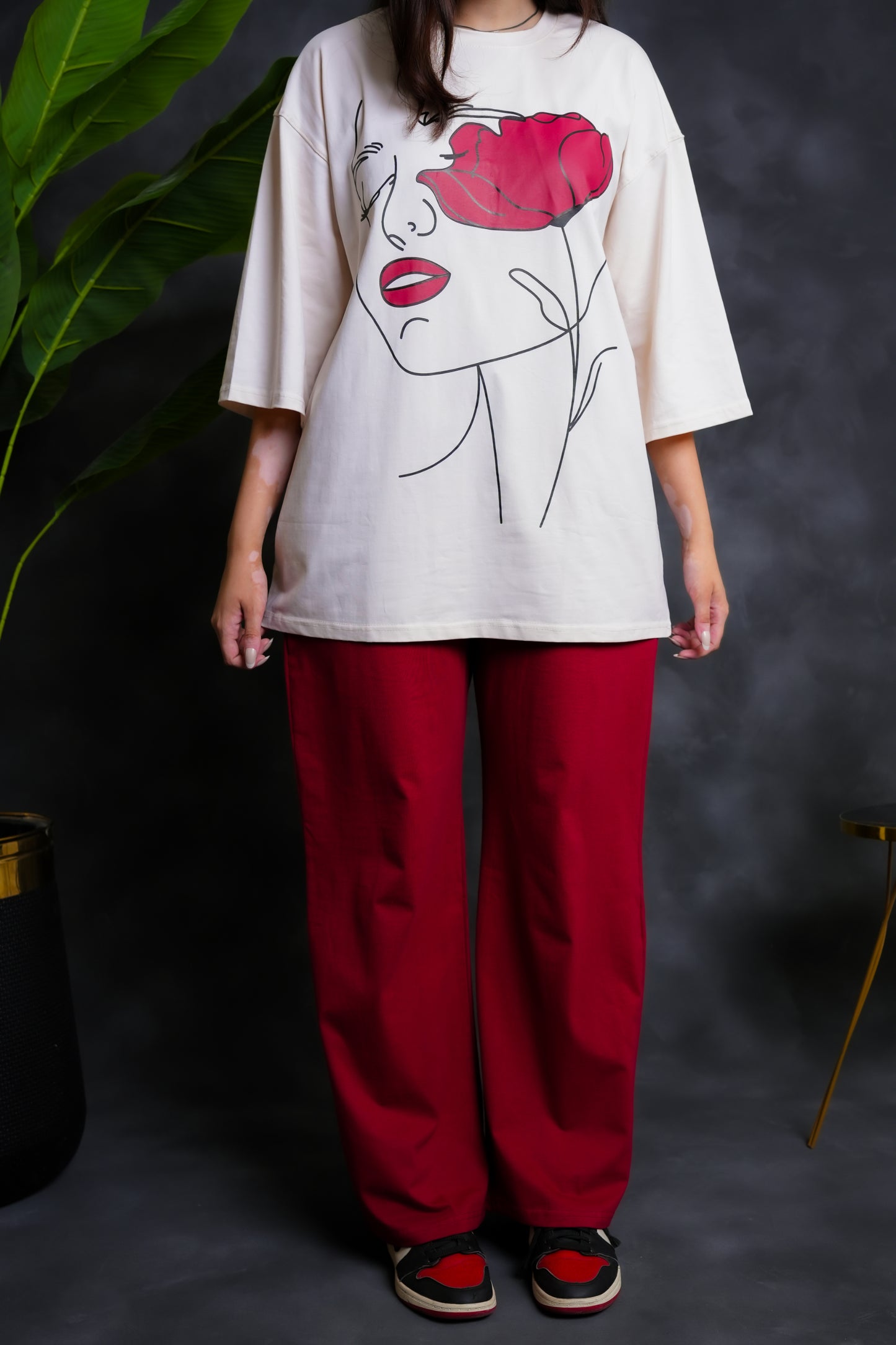 Trakkiez Printed Drop shoulder tee - with mehroon trouser