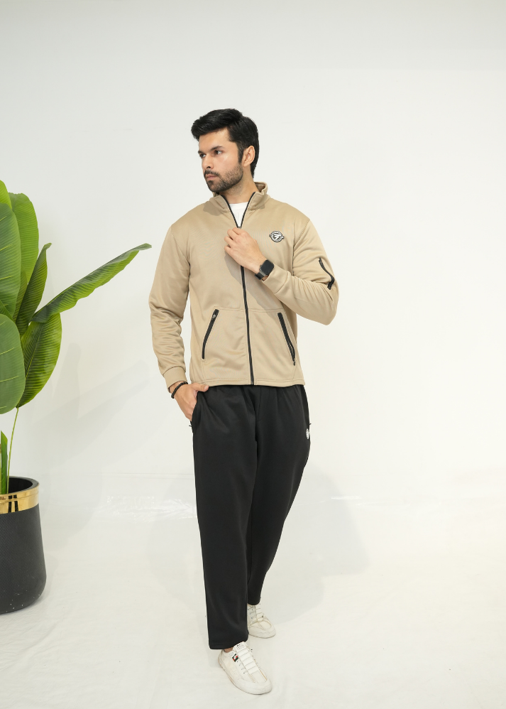 Trakkiez Beige Cotton Fleece Tracksuit