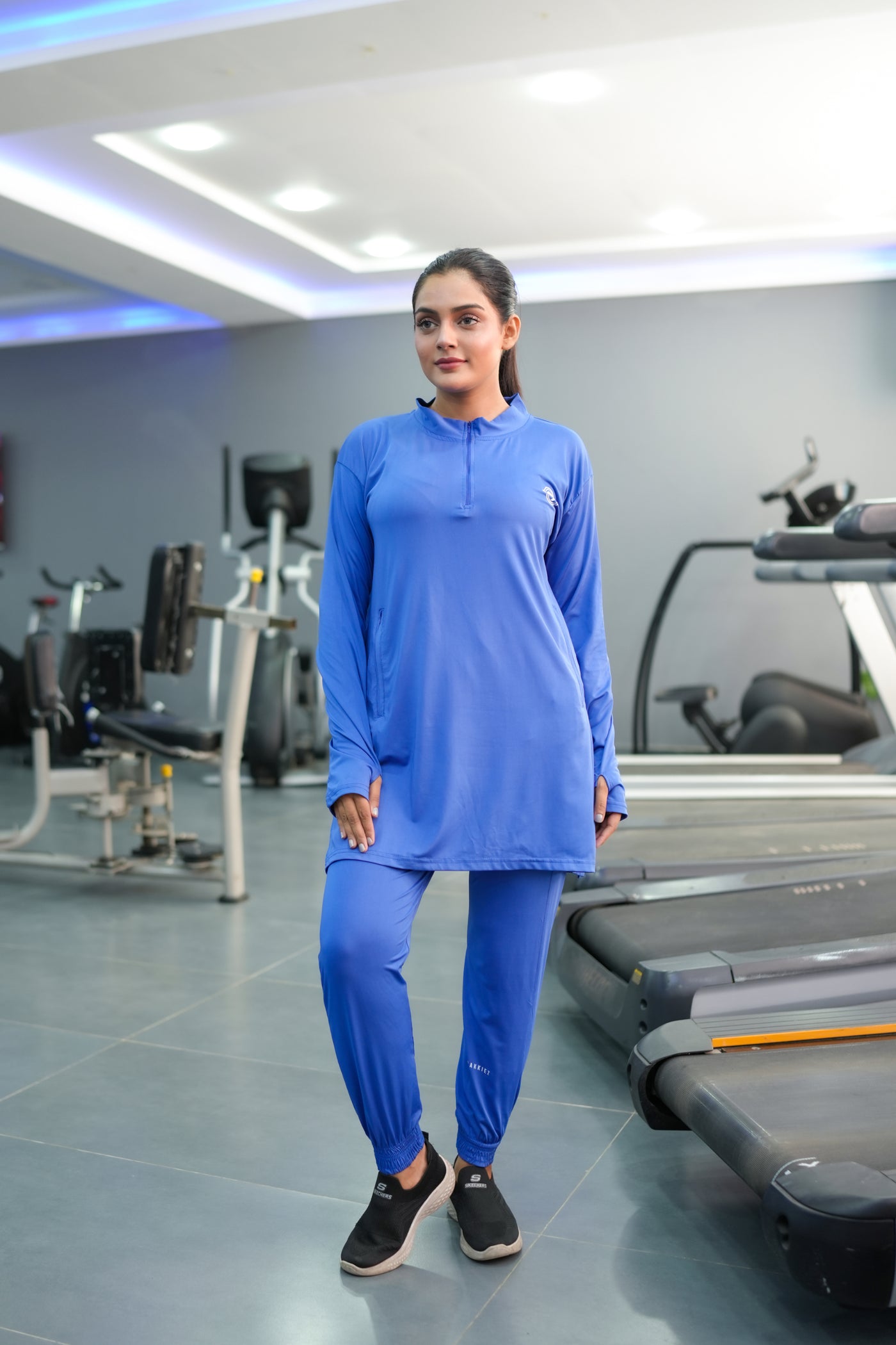 Modest navy blue straight top with navy blue trouser