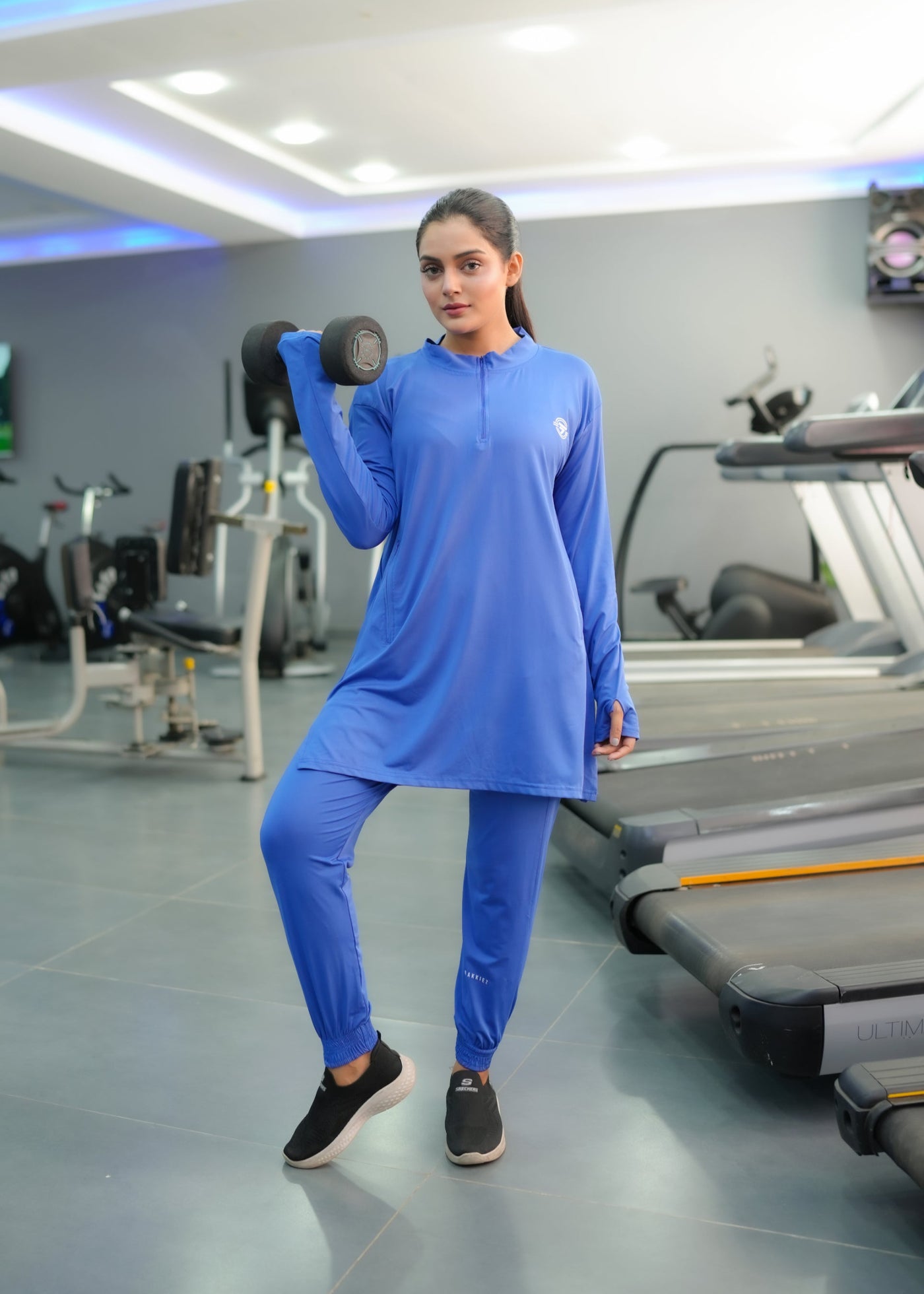 Modest navy blue straight top with navy blue trouser