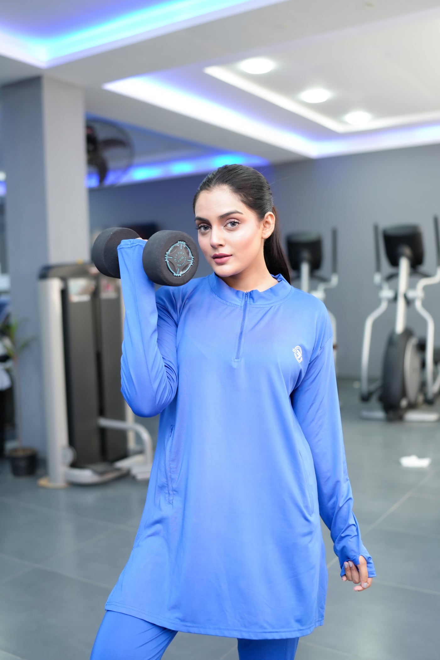 Modest navy blue straight top with navy blue trouser