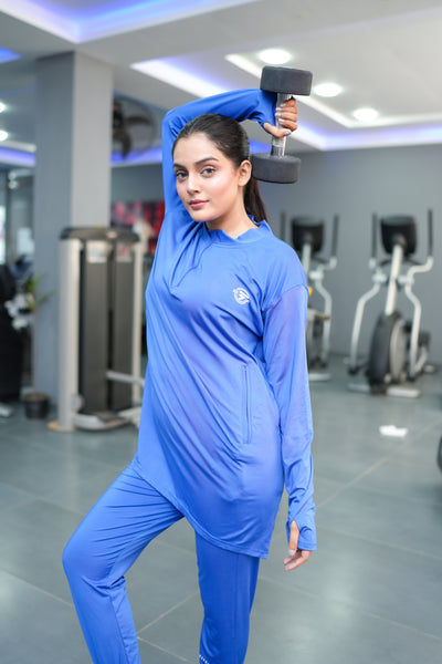 Modest navy blue straight top with navy blue trouser