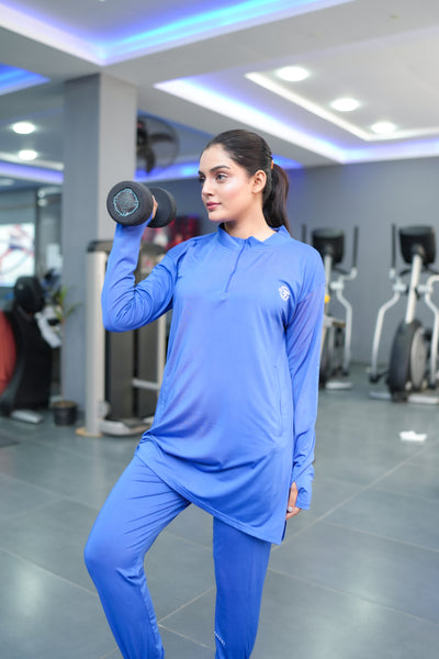 Modest navy blue straight top with navy blue trouser