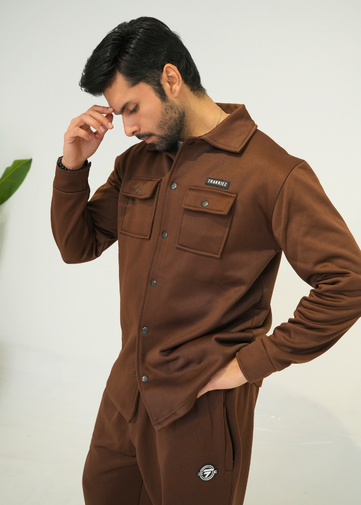Trakkiez Front Pockets Detail Brown Tracksuit With Full Sleeves