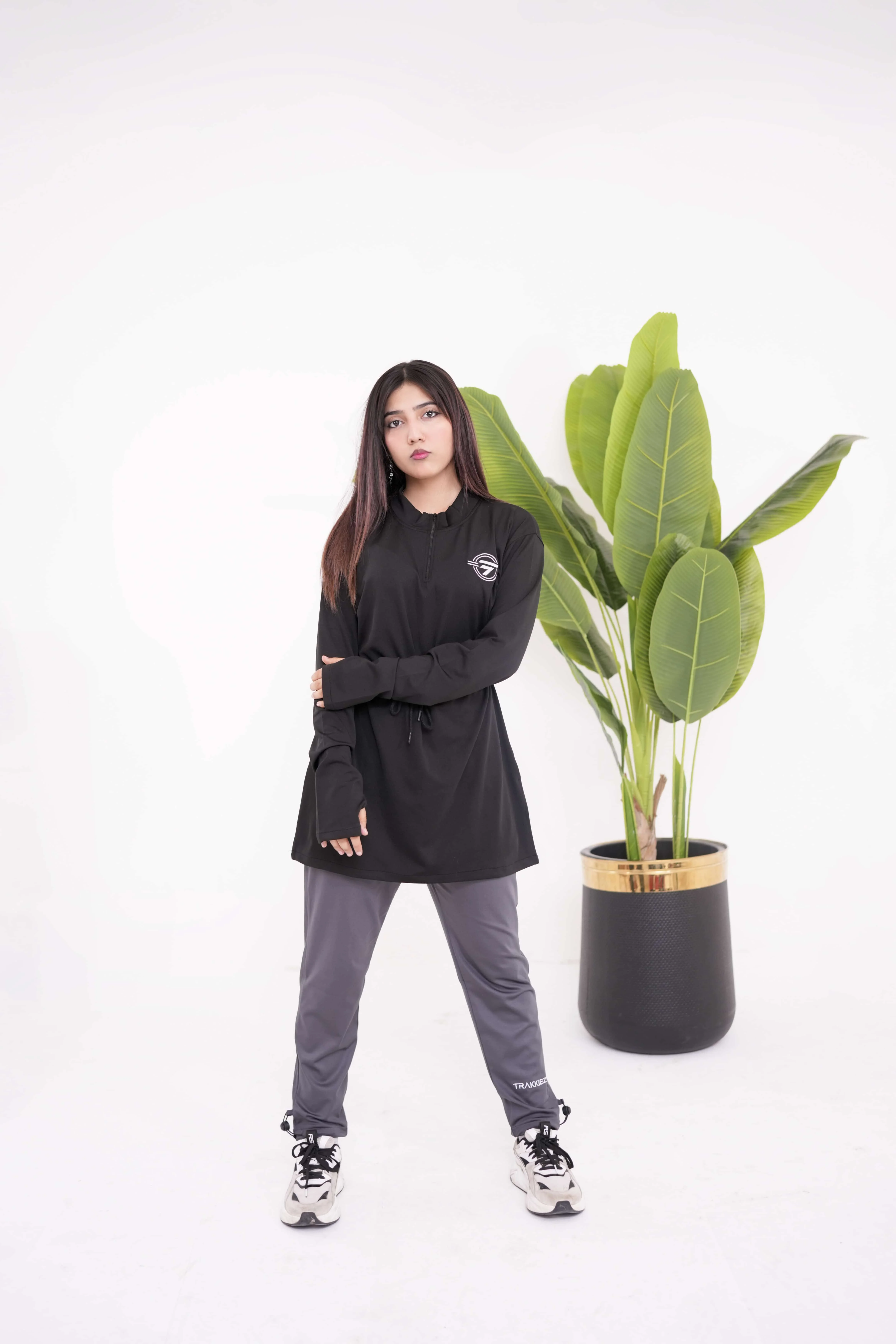 Modest Black Top with Grey Trouser
