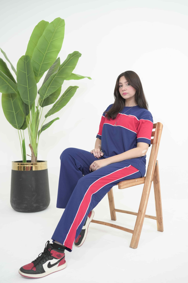 Trakkiez Panel Tee Blue Co-ord Set - Straight Trouser
