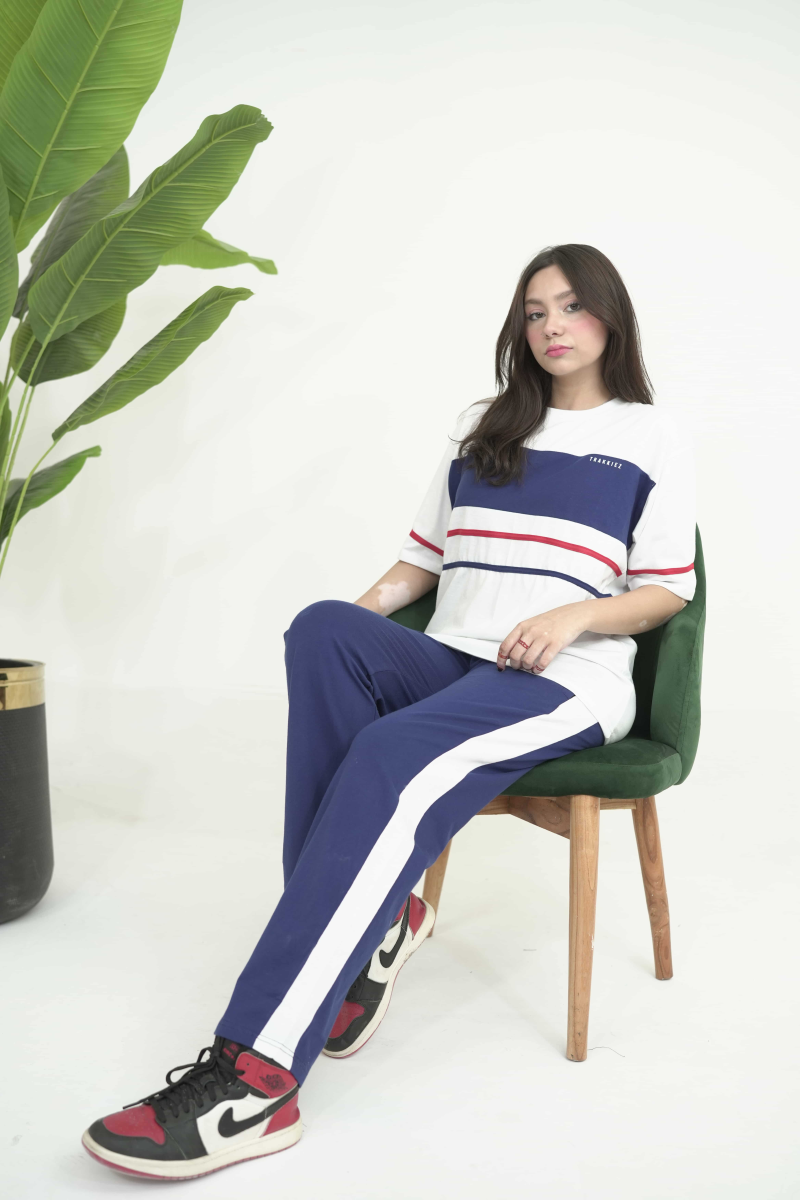 Trakkiez Panel Tee Blue and white Co-ord Set - Straight Trouser